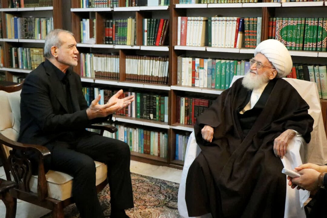 آیت الله نوری همدانی در دیدار با پزشکیان: صداوسیما از بیان سخنان ناامیدکننده پرهیز کند/ فرزندان رئیس جمهوری هم بودند+ تصویر
